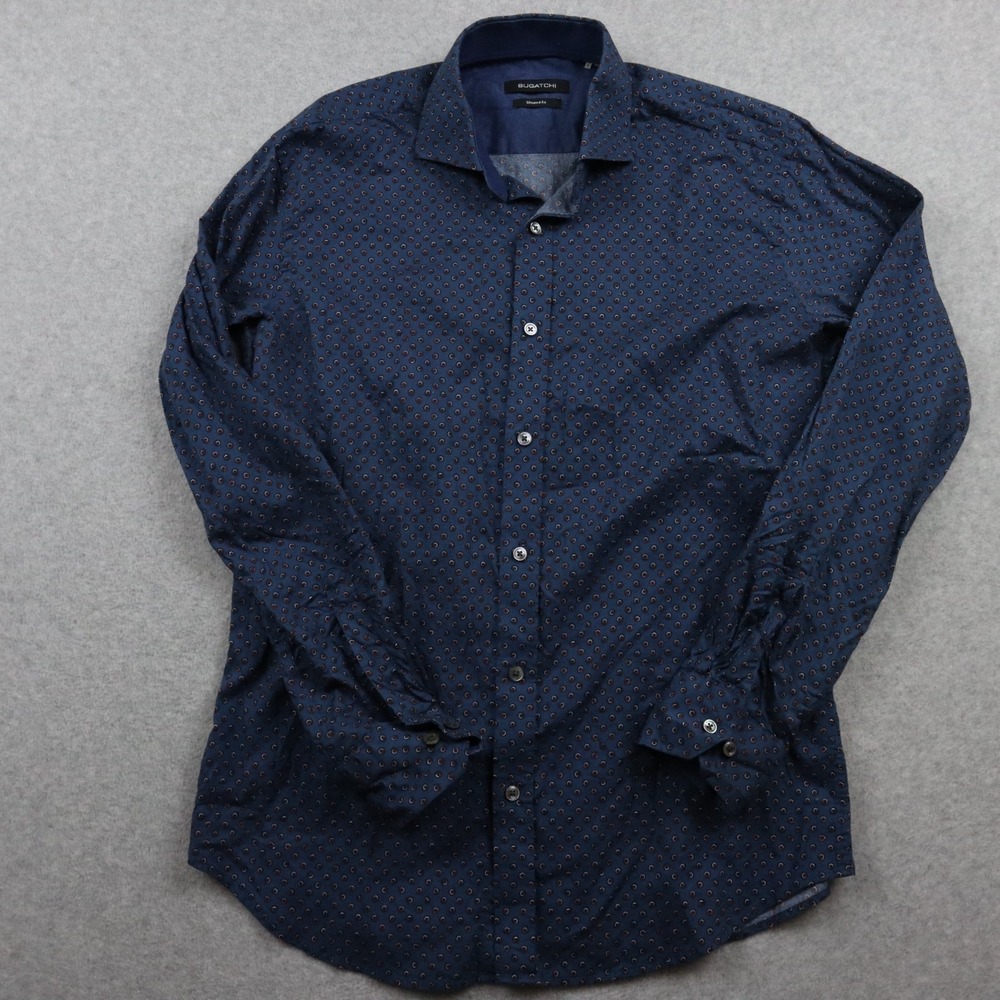 Bugatchi Shirt Mens Medium Shaped Fit Business Casual Button Up Blue Long Sleeve